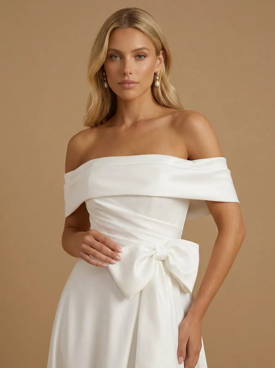 Off the Shoulder High Slit Satin A Line Bridal Gown with Bow