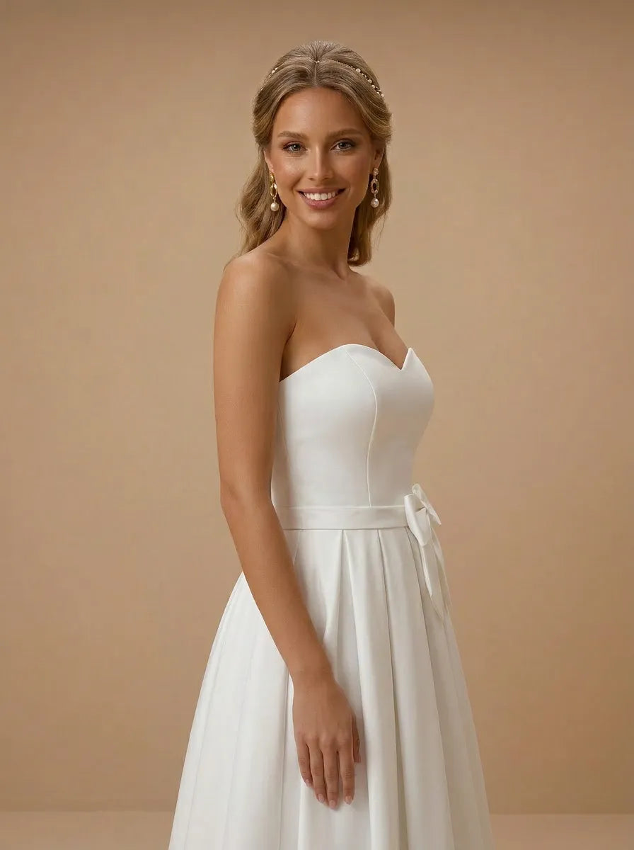 Sweetheart Satin Tea-Length Bridal Dress with Pleat