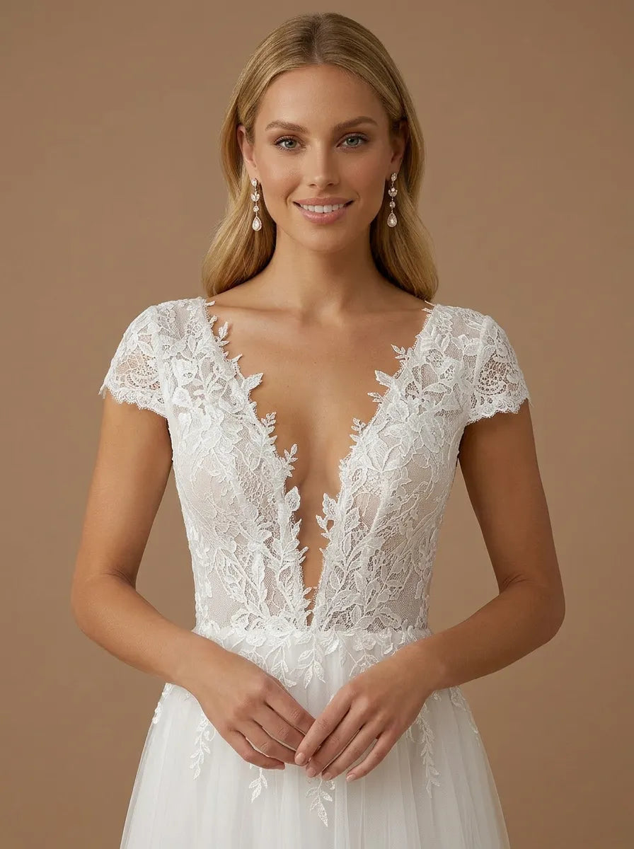 V-Neck Lace Applique Tulle A-Line Wedding Gown with Cap Sleeves