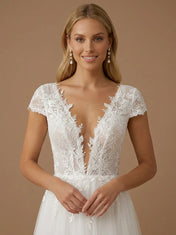 V-Neck Lace Applique Tulle A-Line Wedding Gown with Cap Sleeves