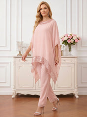 Round Neck Asymmetric Chiffon Poncho Pant Set with Shimmering Sequin Trim