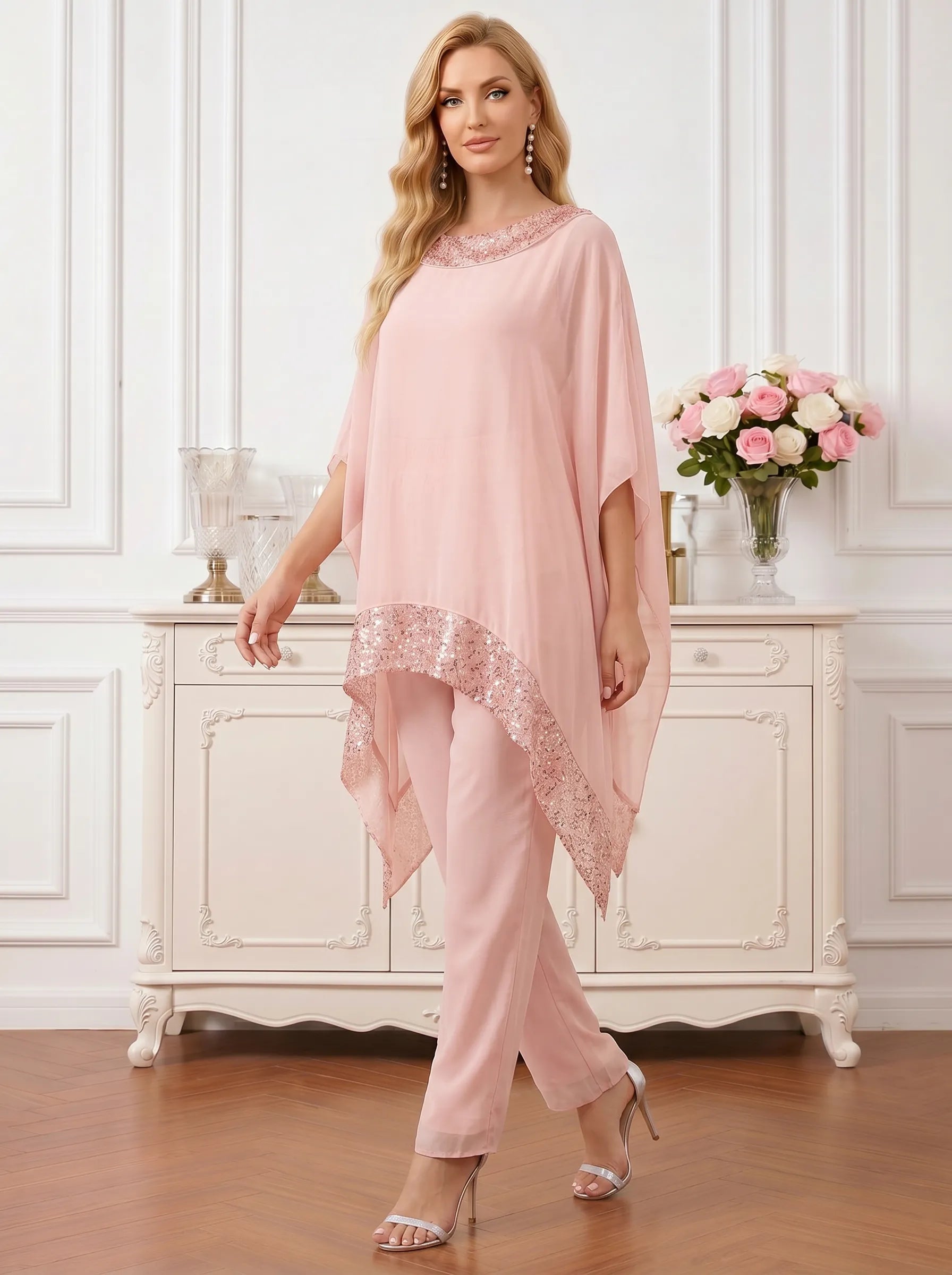 Round Neck Asymmetric Chiffon Poncho Pant Set with Shimmering Sequin Trim