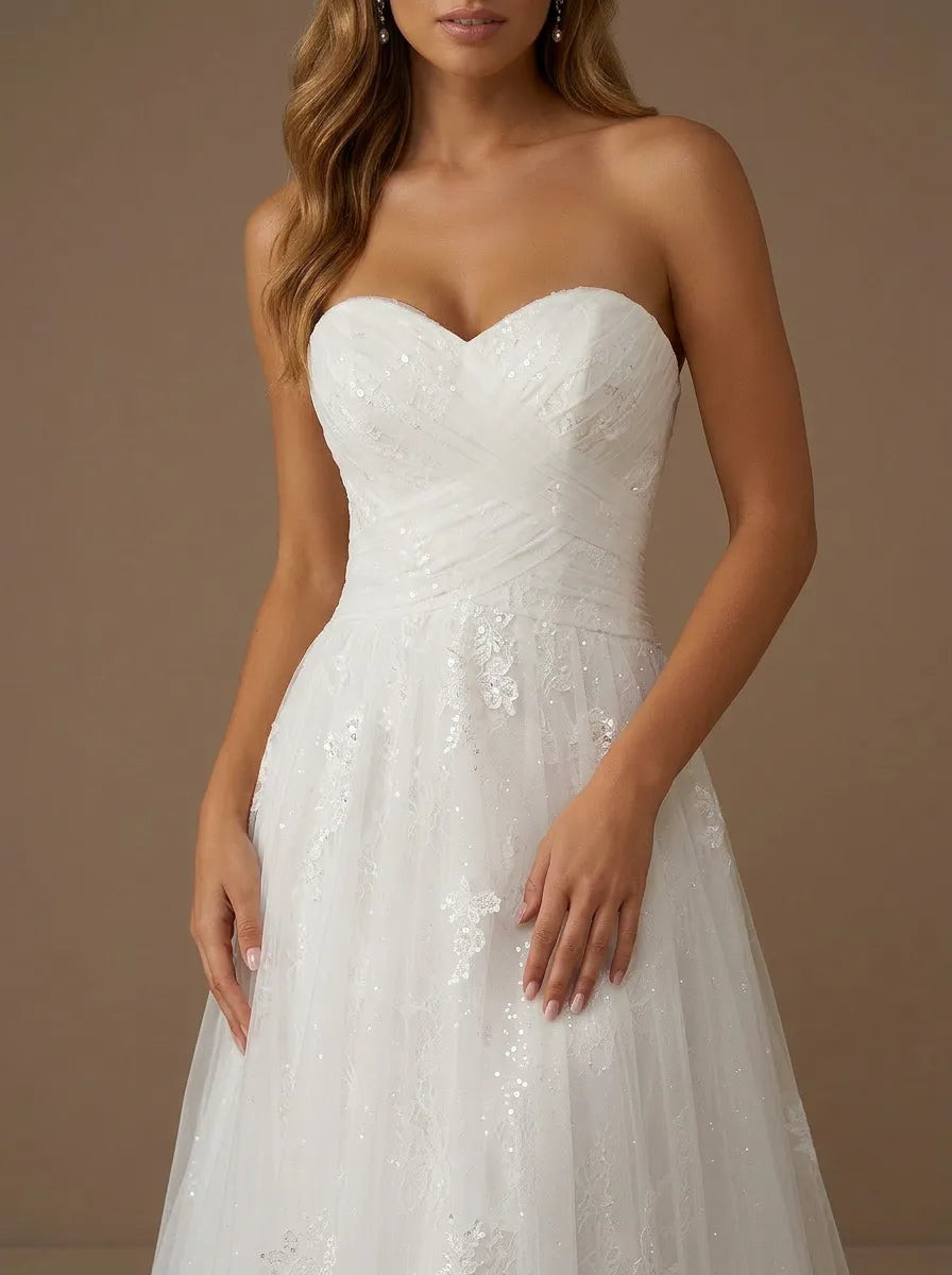 Sweetheart Lace Applique Tulle A-Line Wedding Gown with Sequin