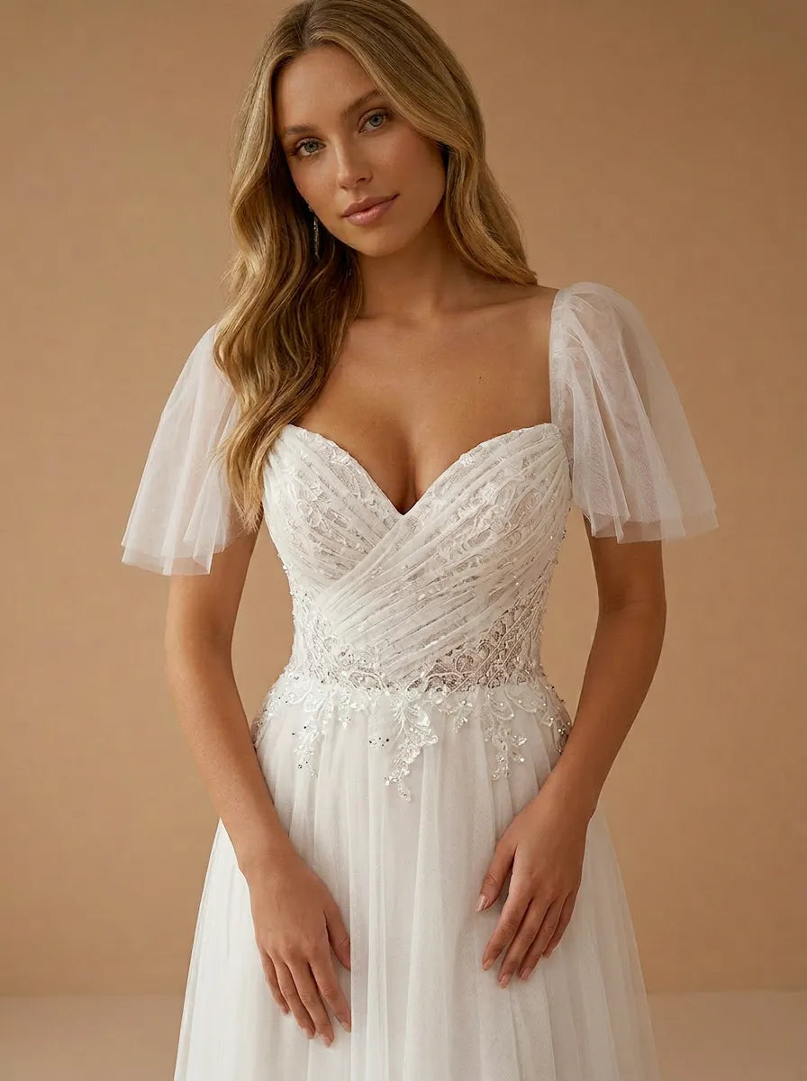 Square Neck Lace High Slit Tulle Wedding Gown with Flutter Sleeves