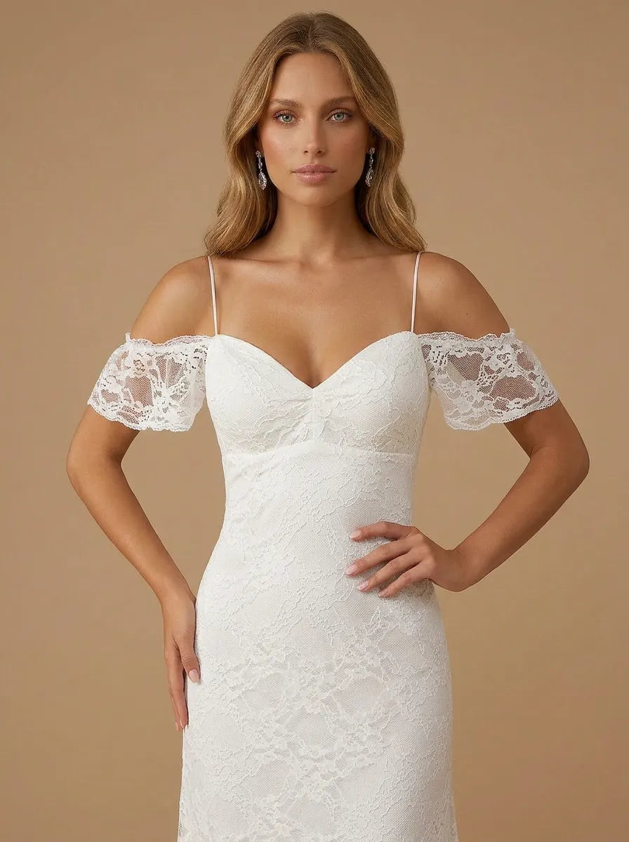 Cold Shoulder Spaghetti Strap Lace Applique Mermaid Wedding Dress