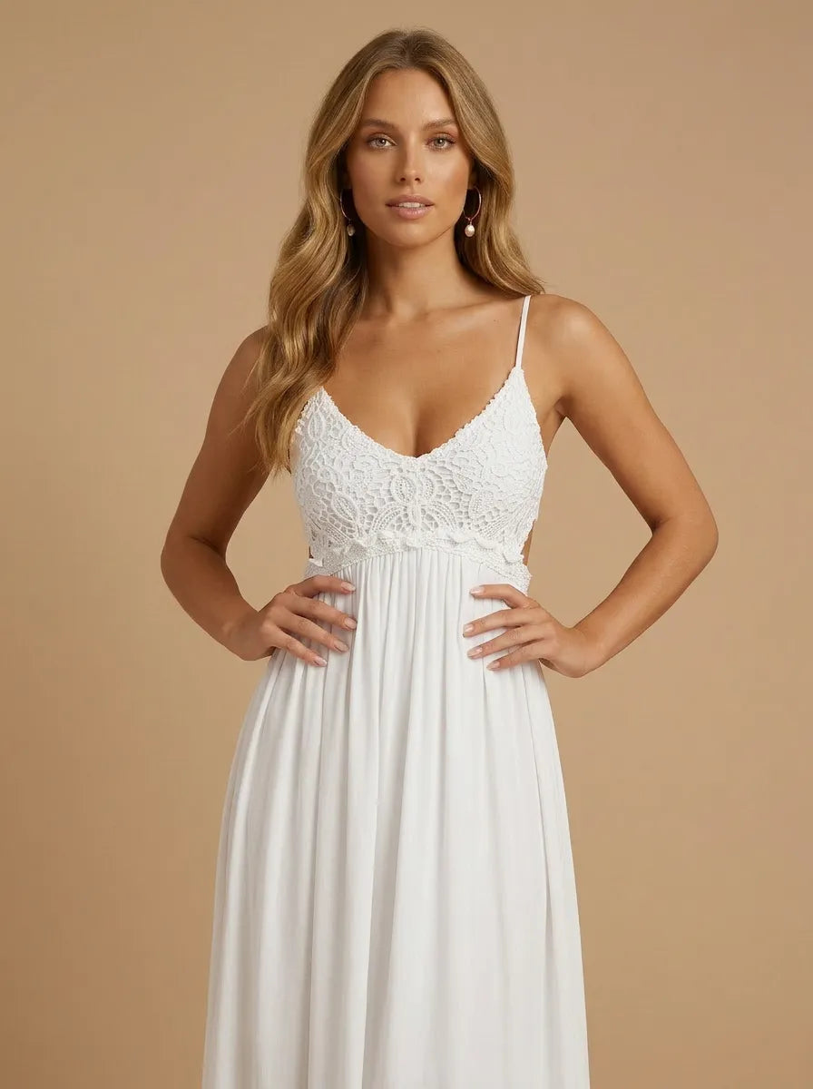 Spaghetti Strap V-Neck Lace Applique Chiffon Wedding Gown