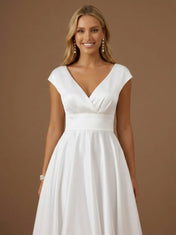 V-Neck Satin Tea-Length A-Line Bridal Dress with Cap Sleeves