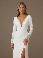 V-Neck Long Sleeve Mermaid Applique Bridal Gown with High Slit