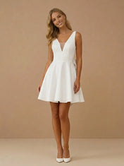 V-Neck Satin A-Line Mini Bridal Wedding Dress with Bow