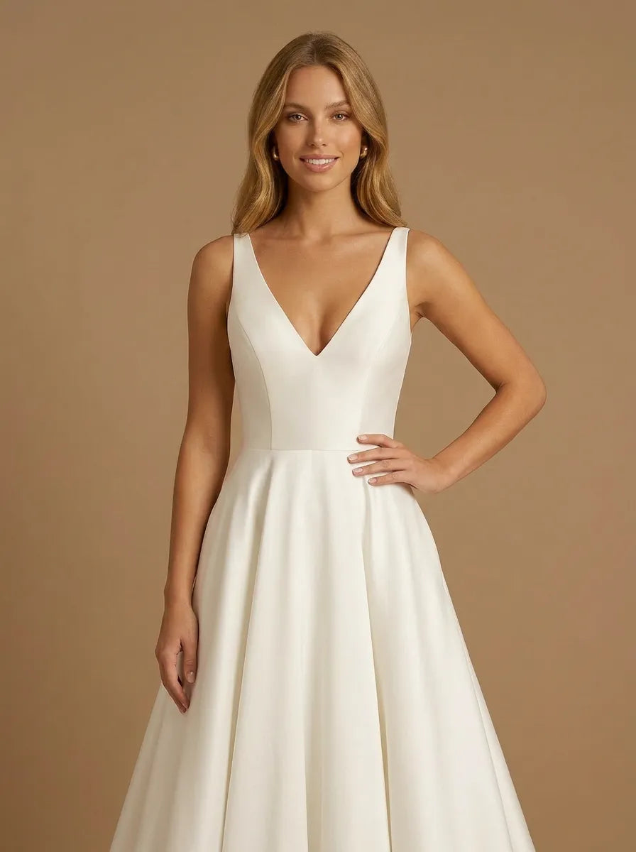 Elegant A-Line V-Neck Satin Wedding Gown with Pockets