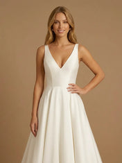 Elegant A-Line V-Neck Satin Wedding Gown with Pockets