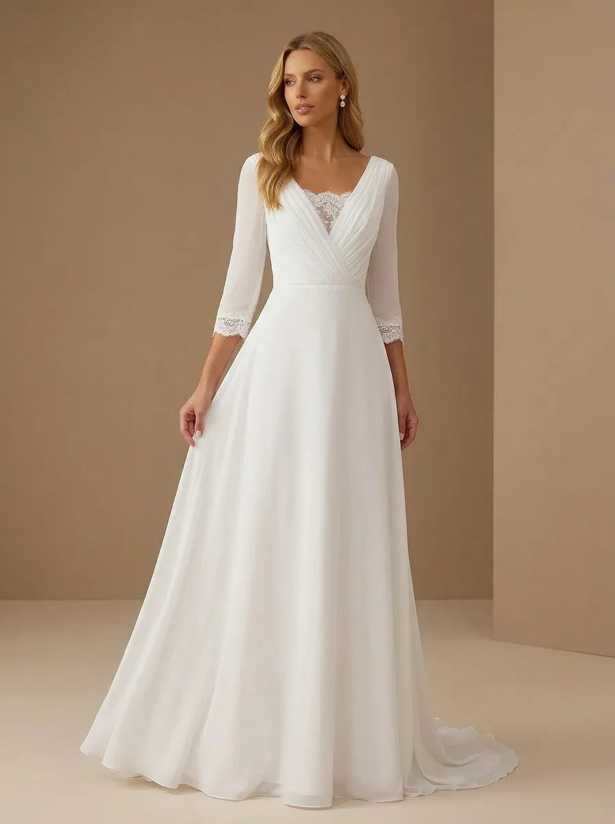 Elegant V-Neck 3/4 Sleeve A Line Wedding Gown with Pleat