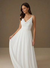 Cowl Neck High Slit Spaghetti Straps A-Line Chiffon Bridal Gown