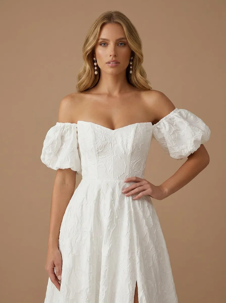 Off the Shoulder Puff Sleeve Sweetheart A-Line Wedding Gown with High Slit