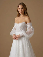 Off the Shoulder Long Sleeve Tulle A-Line Wedding Gown with Lace Appliques