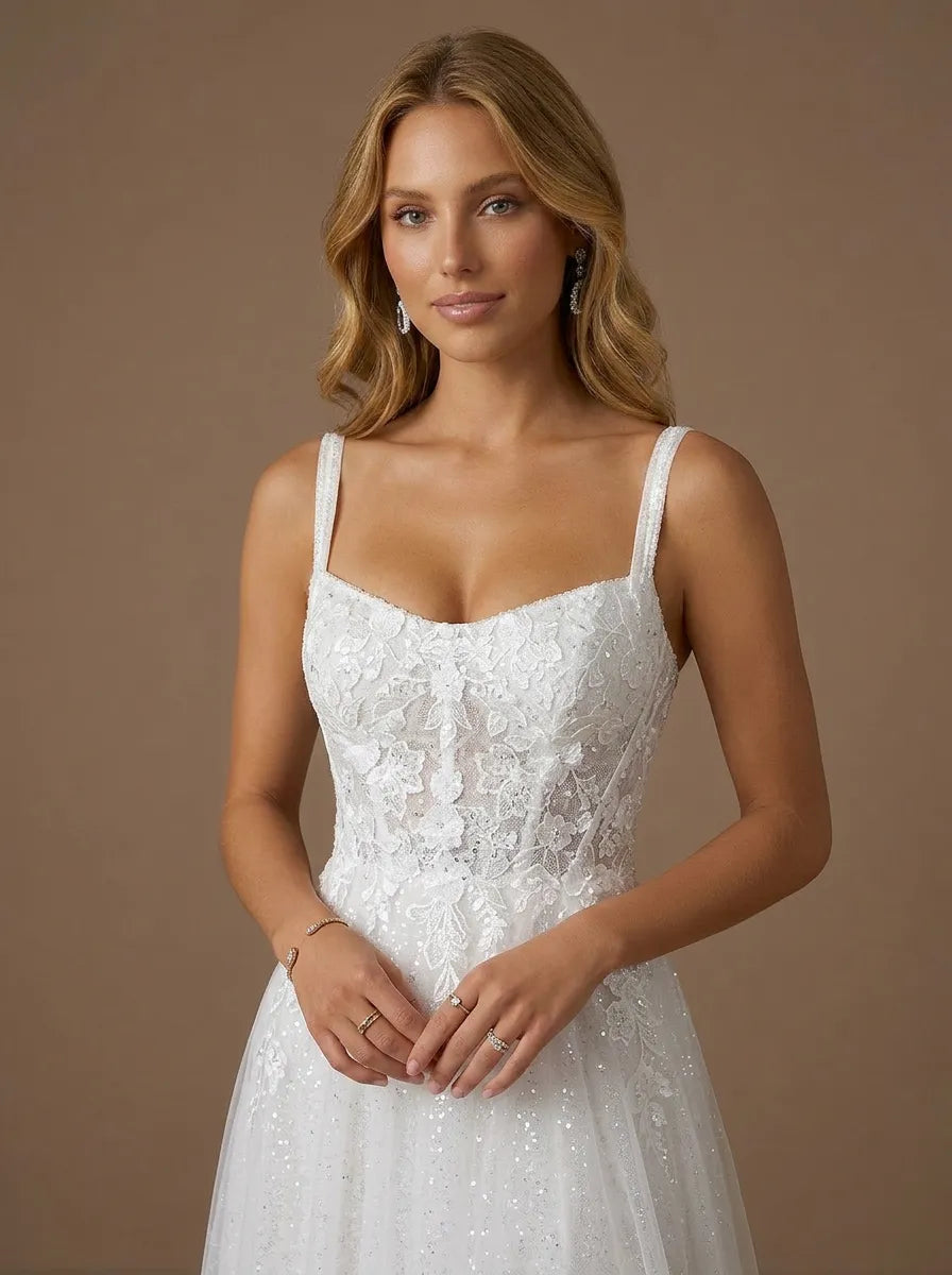 Sweetheart Lace Applique Glitter Tulle Wedding Gown with High Slit