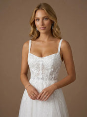 Sweetheart Lace Applique Glitter Tulle Wedding Gown with High Slit