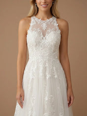 High Neck Halter Lace Applique Tulle A-Line Wedding Gown