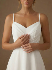 V Neck Spaghetti Strap Pleat Chiffon Midi Wedding Dress for Civil Ceremony