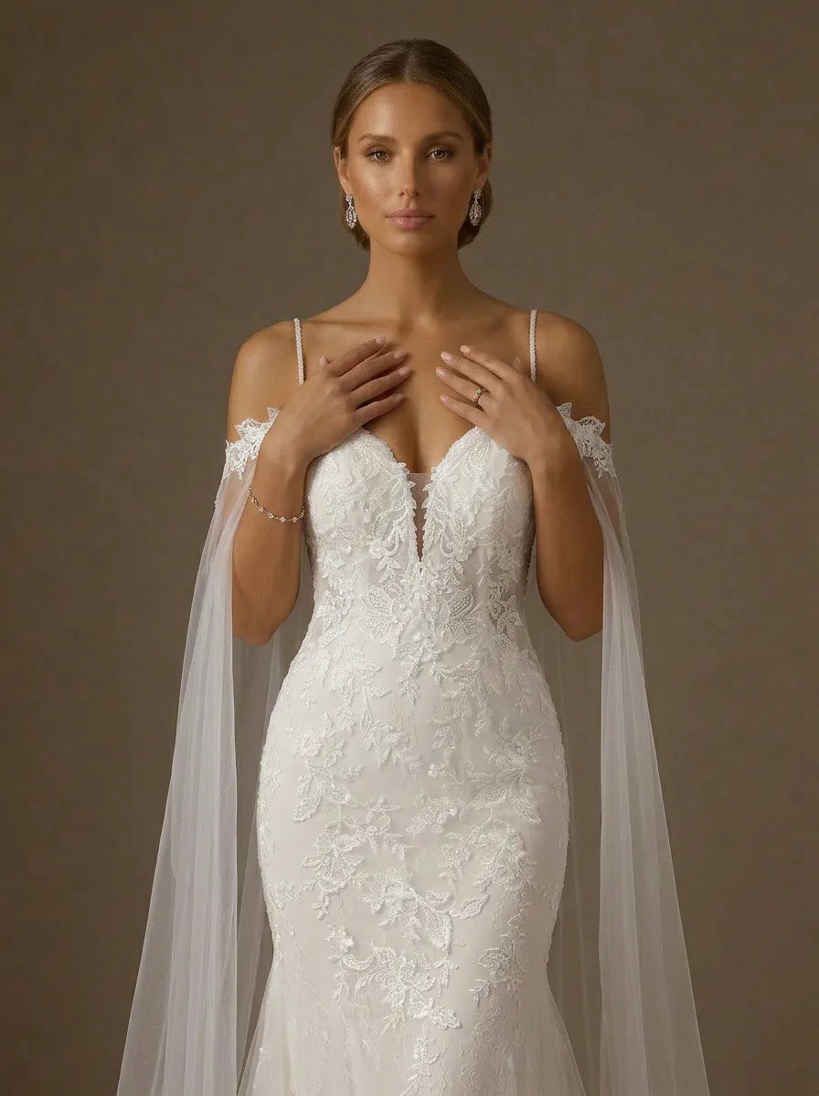 V-Neck Mermaid Lace Appliques Tulle Wedding Gown with Cape Sleeves
