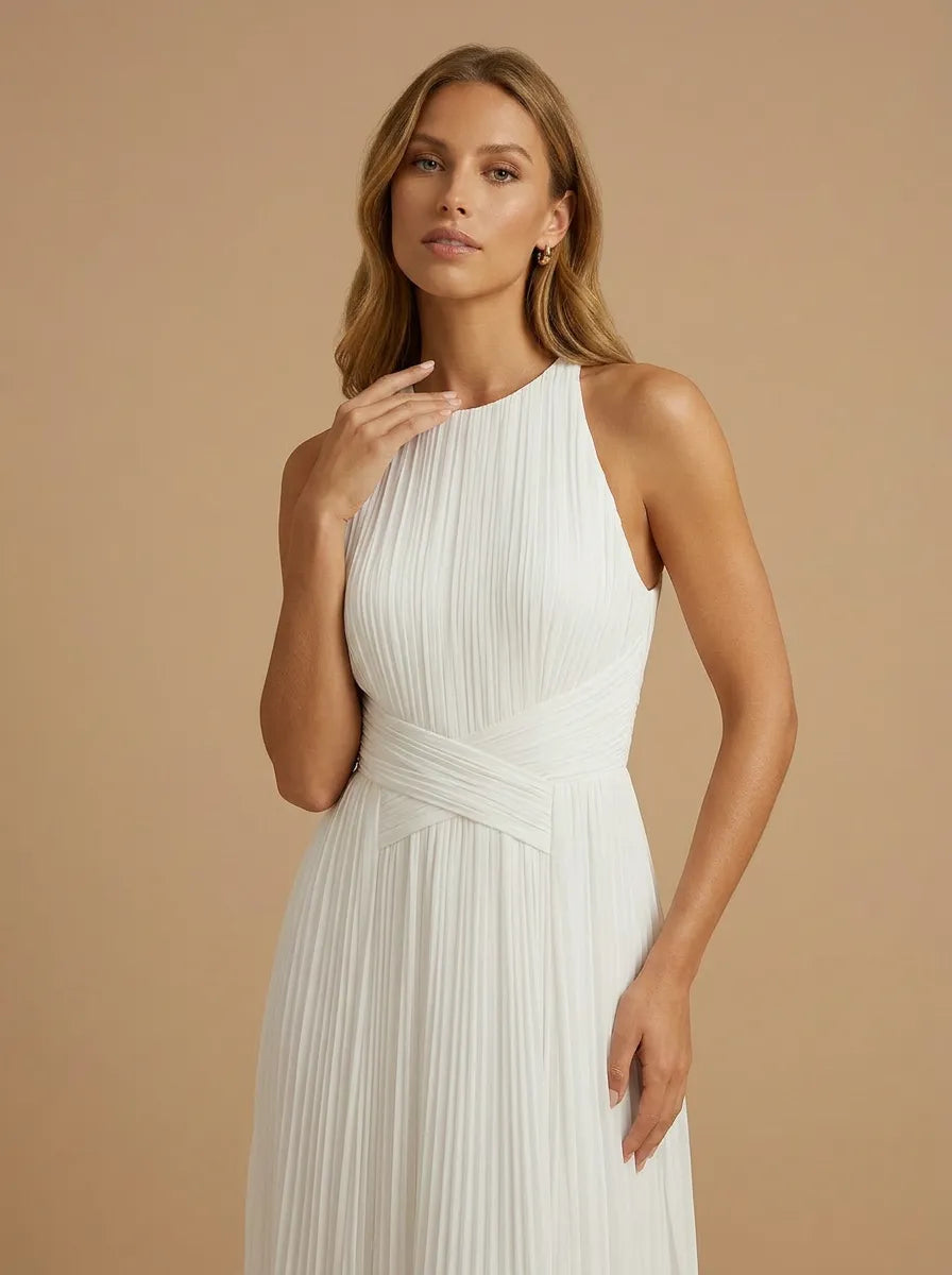 Scoop Neck Pleat Chiffon Criss-Cross Waist A-Line Wedding Gown