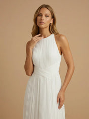 Scoop Neck Pleat Chiffon Criss-Cross Waist A-Line Wedding Gown