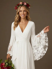 Elegant V-Neck High-Low A Line Boho Wedding Dress with Lace Sleeves