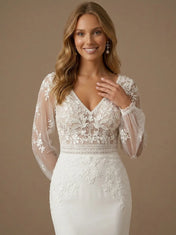 V-Neck Puff Sleeve Lace Applique Mermaid Wedding Dress