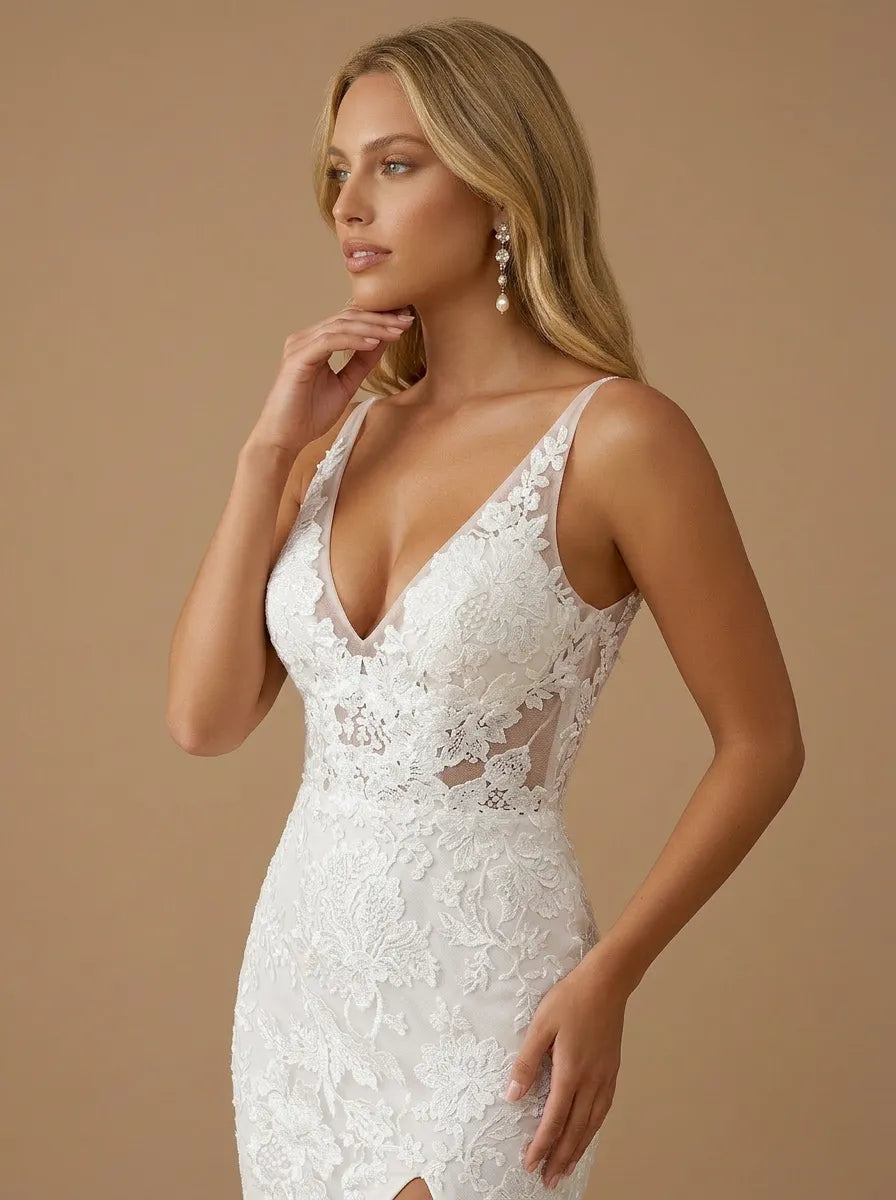 V-Neck Lace Applique Mermaid Wedding Gown with High Slit