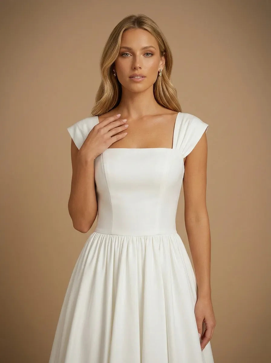 Square Neck Cap Sleeve Satin Midi Wedding Dress with Pleat