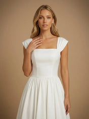 Square Neck Cap Sleeve Satin Midi Wedding Dress with Pleat