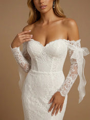 Off the Shoulder Lace Mermaid Long Sleeves Wedding Gown with Bow