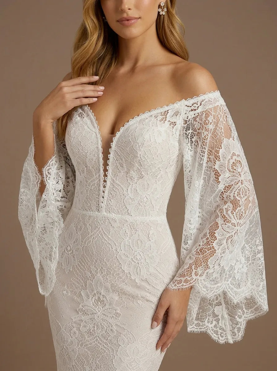 V-Neck Lace Applique Mermaid Boho Wedding Gown with Train