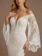 V-Neck Lace Applique Mermaid Boho Wedding Gown with Train