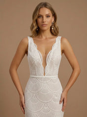 Sleeveless V-Neck Lace Appliques Mermaid Wedding Gown