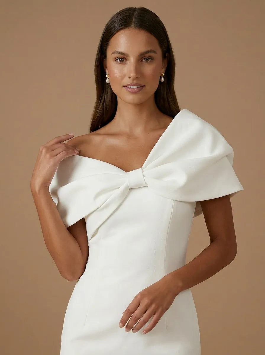 One Shoulder Bow Bodycon Satin Mini Wedding Dress