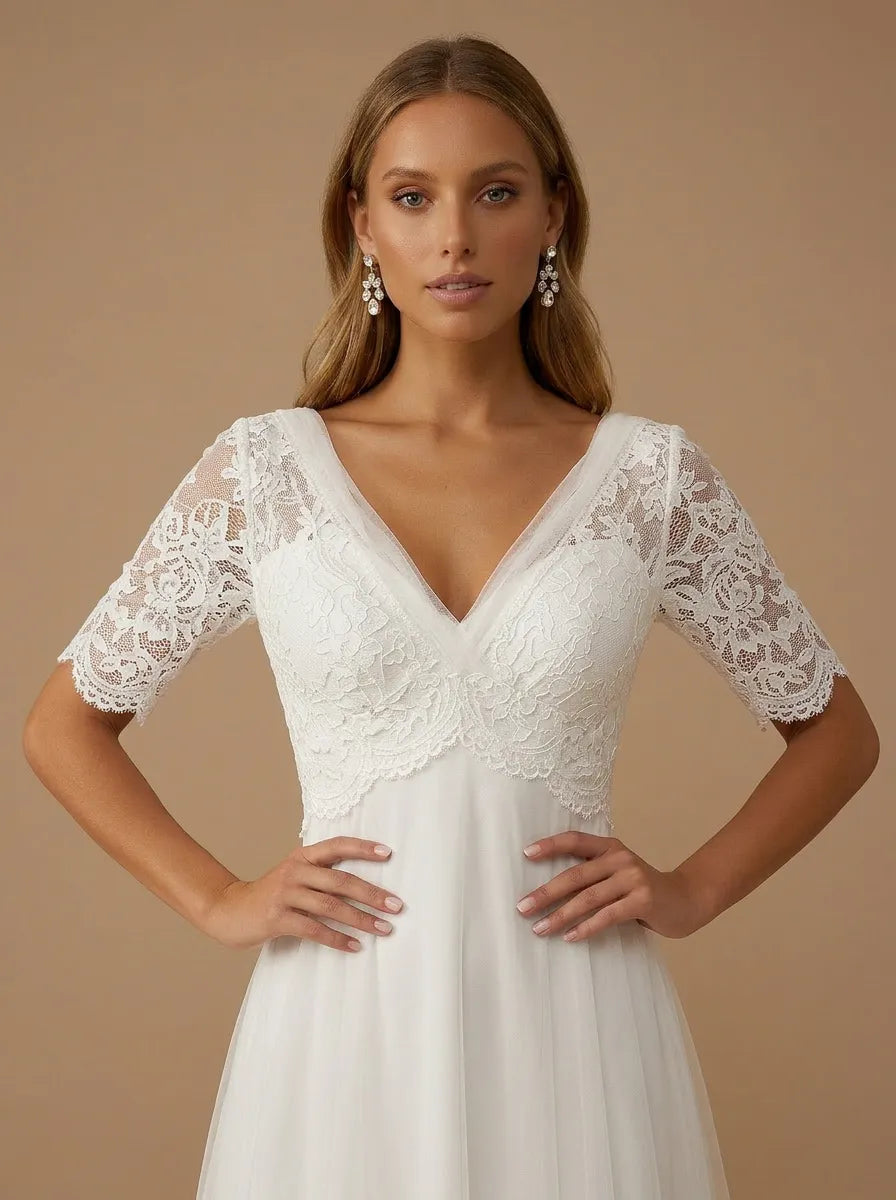 V-Neck Lace Applique Short Sleeve Tulle A-Line Wedding Gown