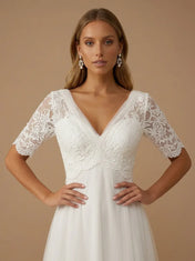 V-Neck Lace Applique Short Sleeve Tulle A-Line Wedding Gown
