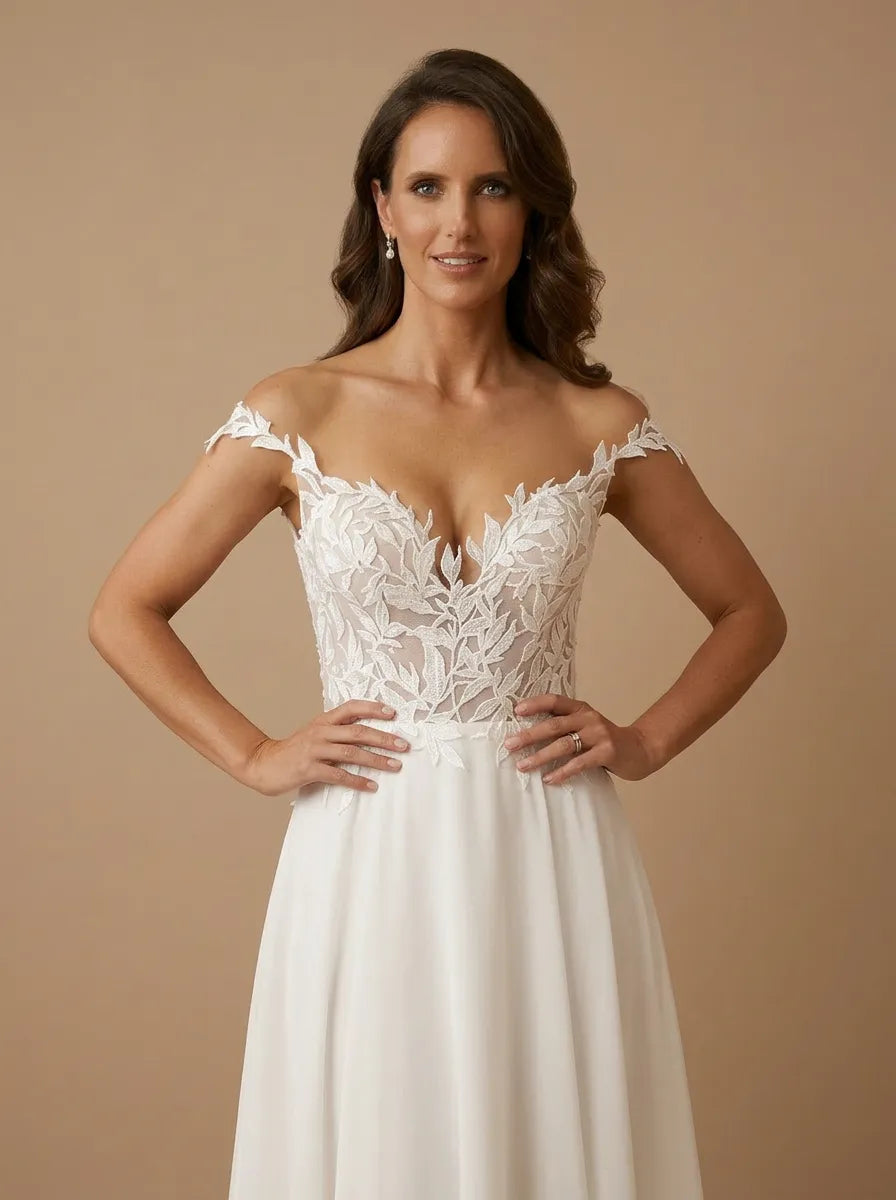Off the Shoulder Leaf Lace Applique Chiffon Wedding Gown