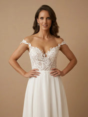 Off the Shoulder Leaf Lace Applique Chiffon Wedding Gown