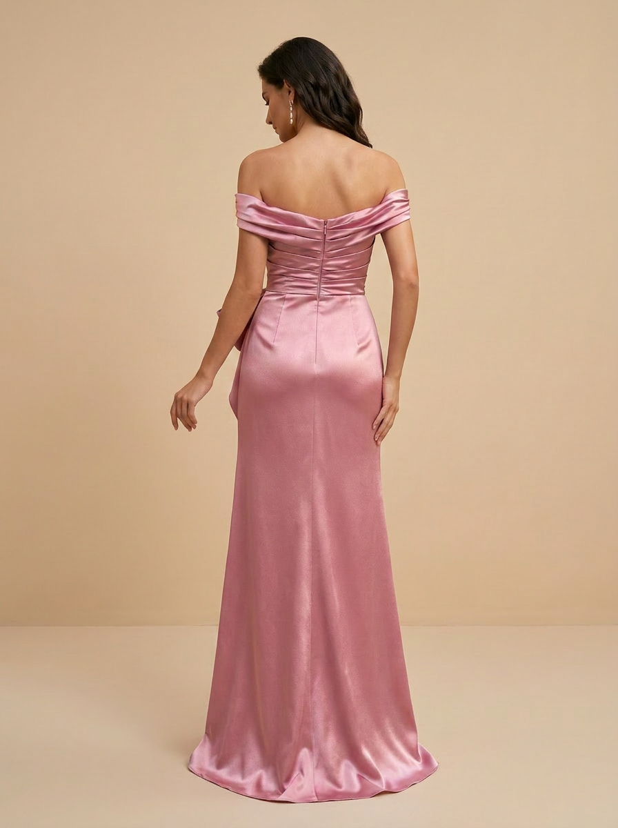Satin Sheath Off-the-Shoulder Floor-Length Evening Dresses with Statement Bow