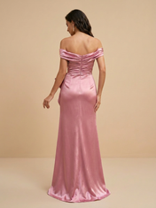 Satin Sheath Off-the-Shoulder Floor-Length Evening Dresses with Statement Bow
