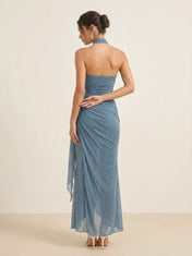 Crossover Halter Neck Ruched Mesh Floor-Length Evening Dresses with Side Drape
