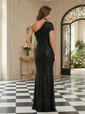 Sequin Column One-Shoulder Floor-Length Black Evening Dresses with High Slit