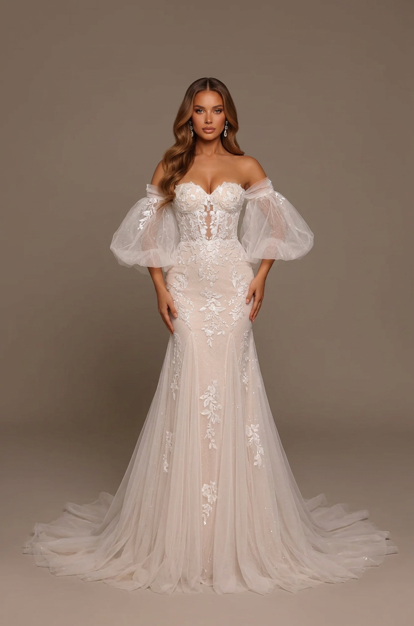 Elegant Off-the-Shoulder White Lace Mermaid Wedding Dress with Corset and Puff Sleeves
