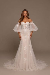 Elegant Off-the-Shoulder White Lace Mermaid Wedding Dress with Corset and Puff Sleeves