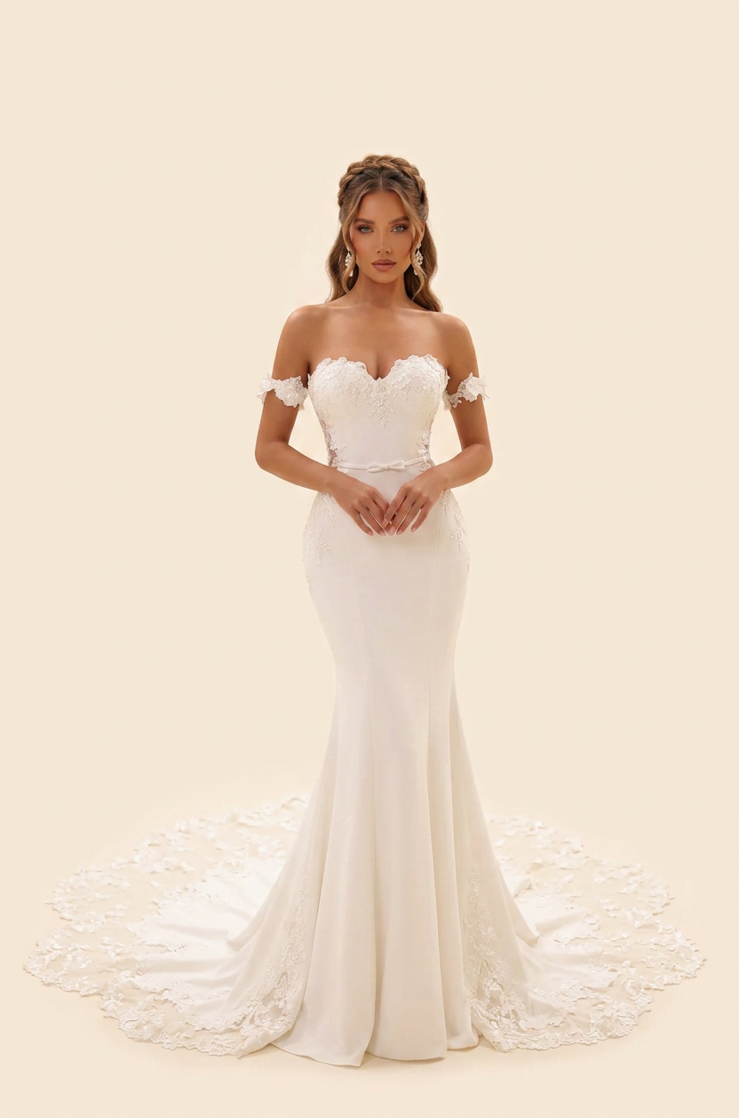 Elegant Off-the-Shoulder White Satin Mermaid Wedding Dress with Corset and Lace Train