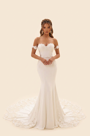 Elegant Off-the-Shoulder White Satin Mermaid Wedding Dress with Corset and Lace Train