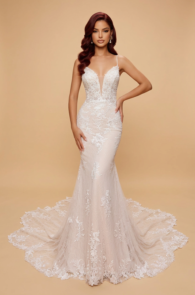 Elegant Double Strap White Lace Mermaid Wedding Dresses with V-Neck and Corset