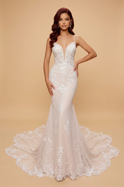 Elegant Double Strap White Lace Mermaid Wedding Dresses with V-Neck and Corset
